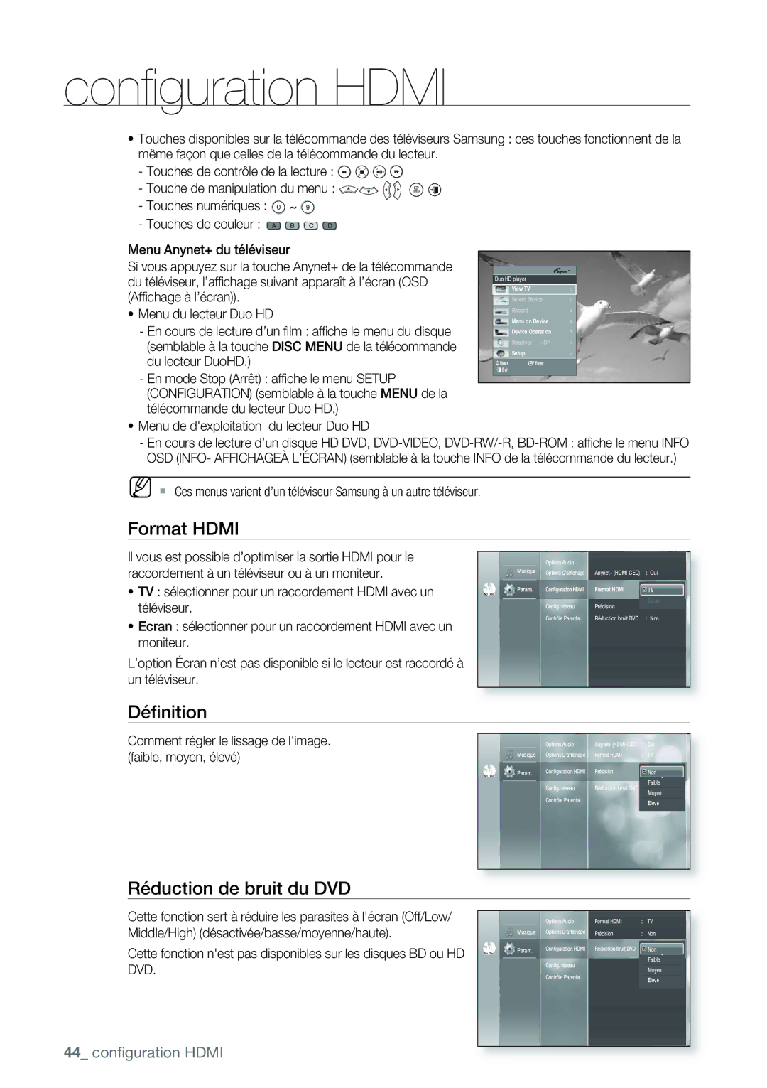 Samsung AK68-01477B user manual Format Hdmi, Déﬁnition, Réduction de bruit du DVD 