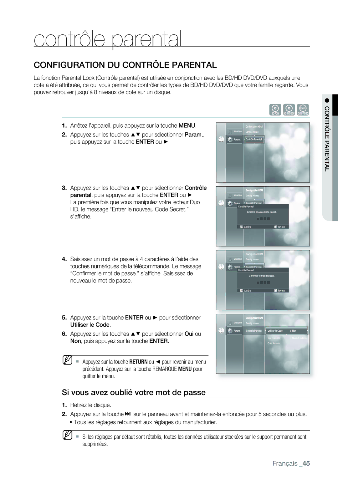 Samsung AK68-01477B Contrôle parental, Configuration DU Contrôle Parental, Si vous avez oublié votre mot de passe 