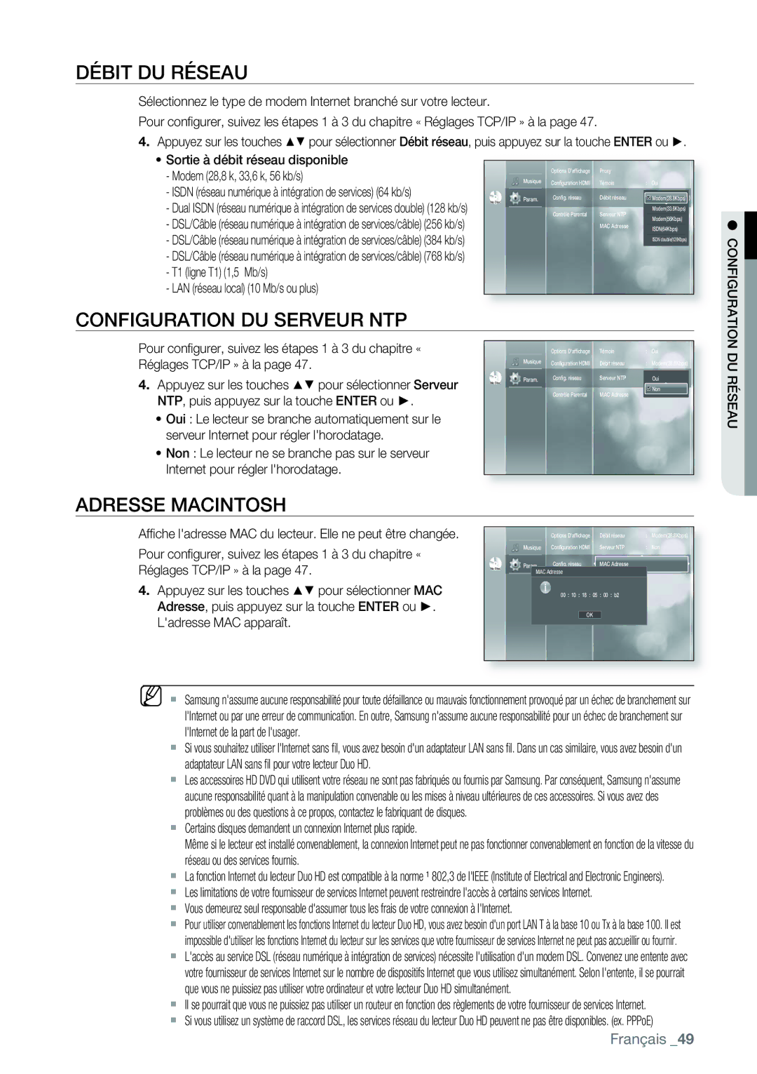 Samsung AK68-01477B user manual Débit DU Réseau, Configuration DU Serveur NTP, Adresse Macintosh 