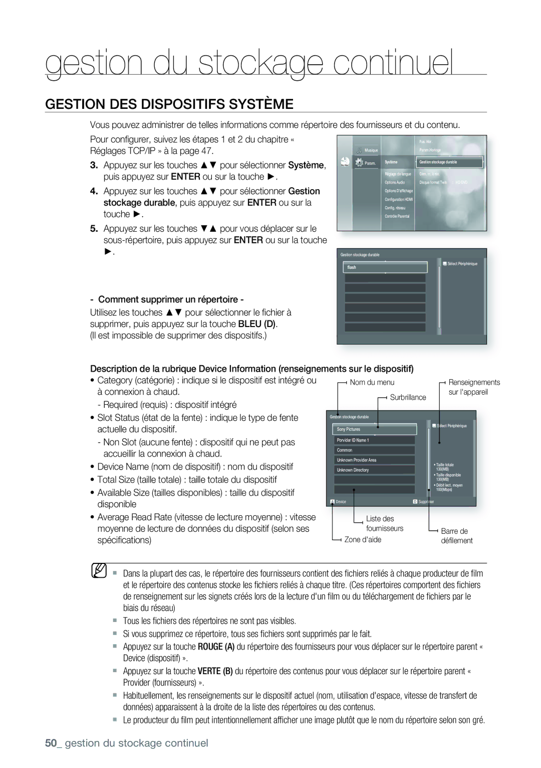 Samsung AK68-01477B user manual Gestion du stockage continuel, Gestion DES Dispositifs Système 