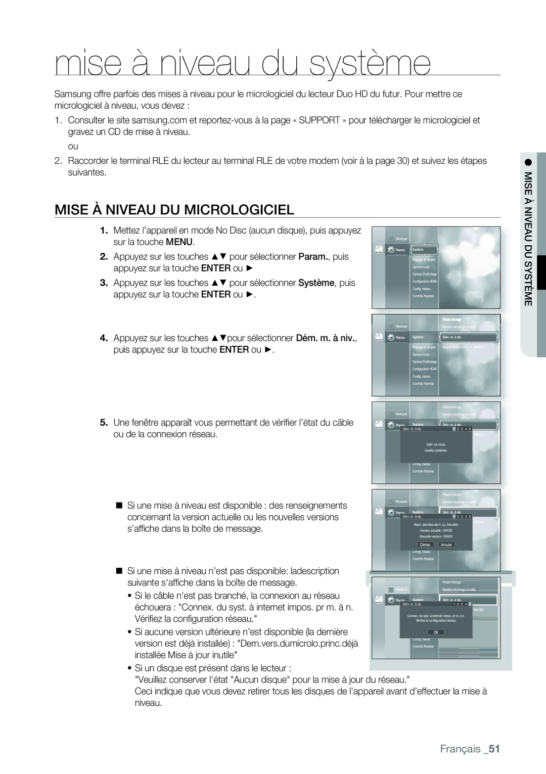 Samsung AK68-01477B user manual Mise à niveau du système, Mise À Niveau DU Micrologiciel, DU Système 