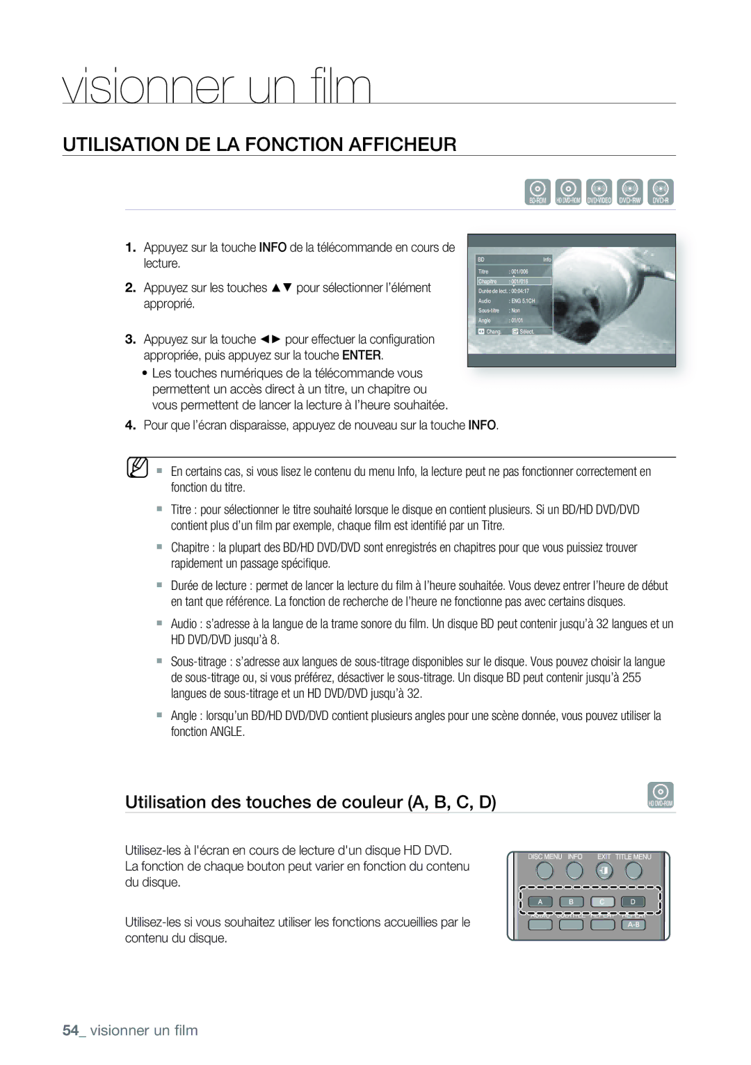 Samsung AK68-01477B Visionner un ﬁlm, Utilisation DE LA Fonction Afficheur, Utilisation des touches de couleur A, B, C, D 