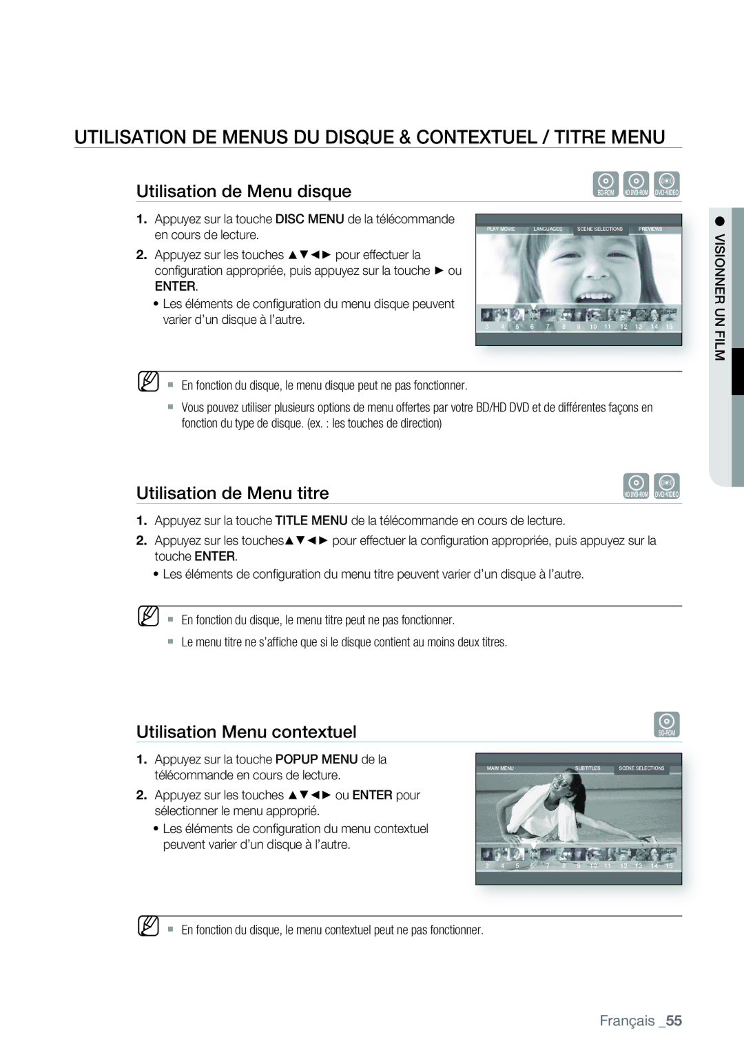 Samsung AK68-01477B user manual Utilisation DE Menus DU Disque & Contextuel / Titre Menu, Utilisation de Menu disque 