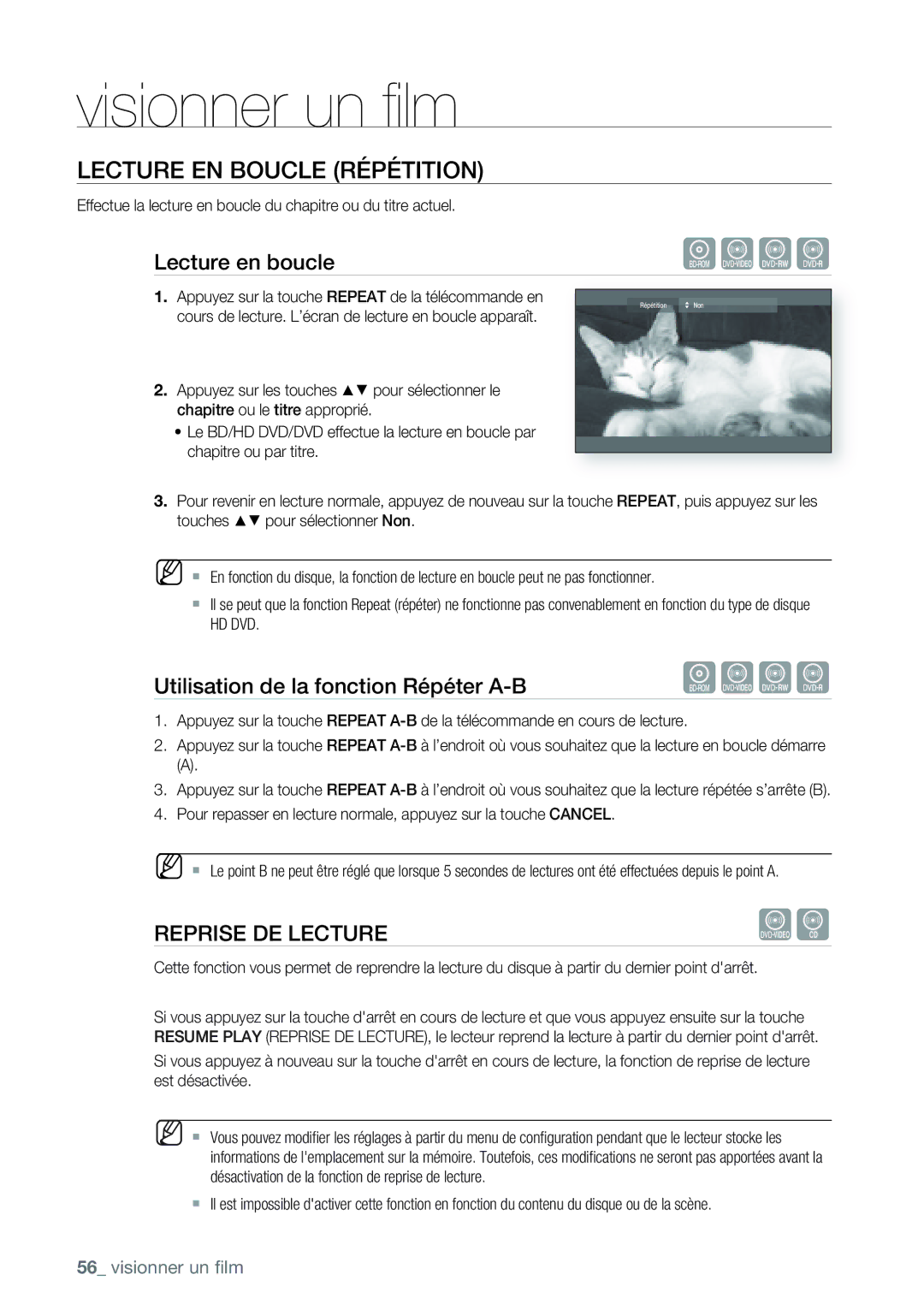 Samsung AK68-01477B user manual Lecture EN Boucle Répétition, Lecture en boucle, Utilisation de la fonction Répéter A-B 