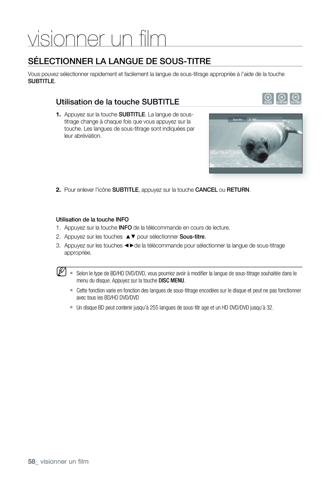 Samsung AK68-01477B user manual Sélectionner LA Langue DE SOUS-TITRE, Utilisation de la touche Subtitle 