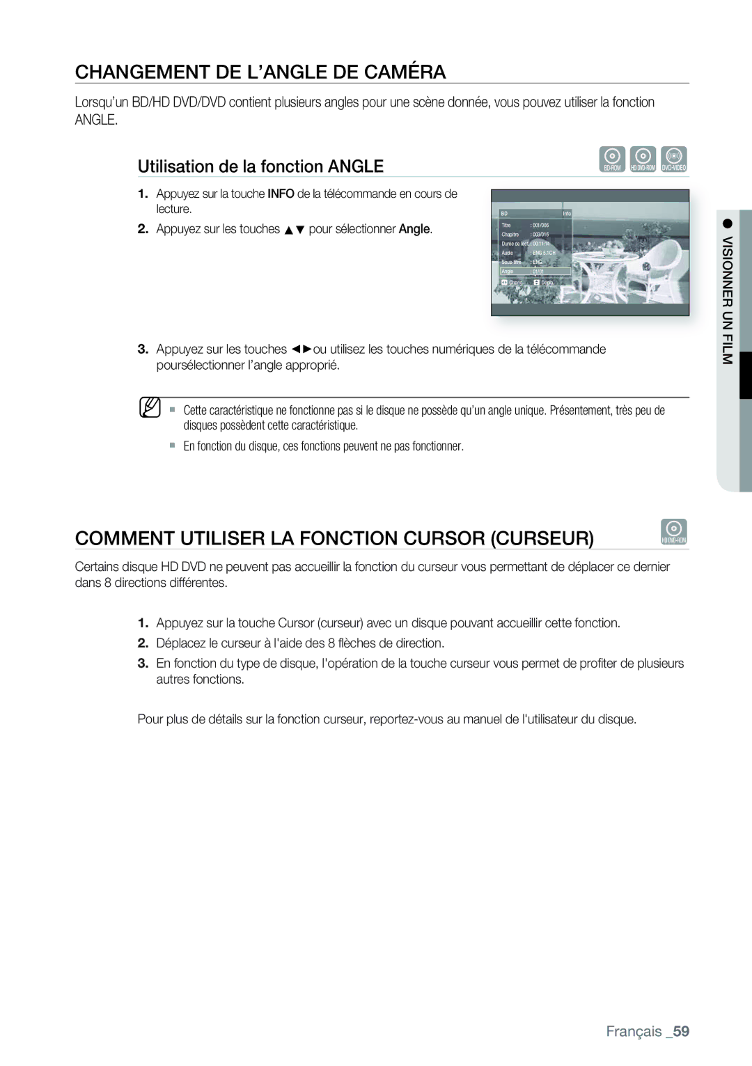 Samsung AK68-01477B user manual Changement DE L’ANGLE DE Caméra, Comment Utiliser LA Fonction Cursor Curseur 