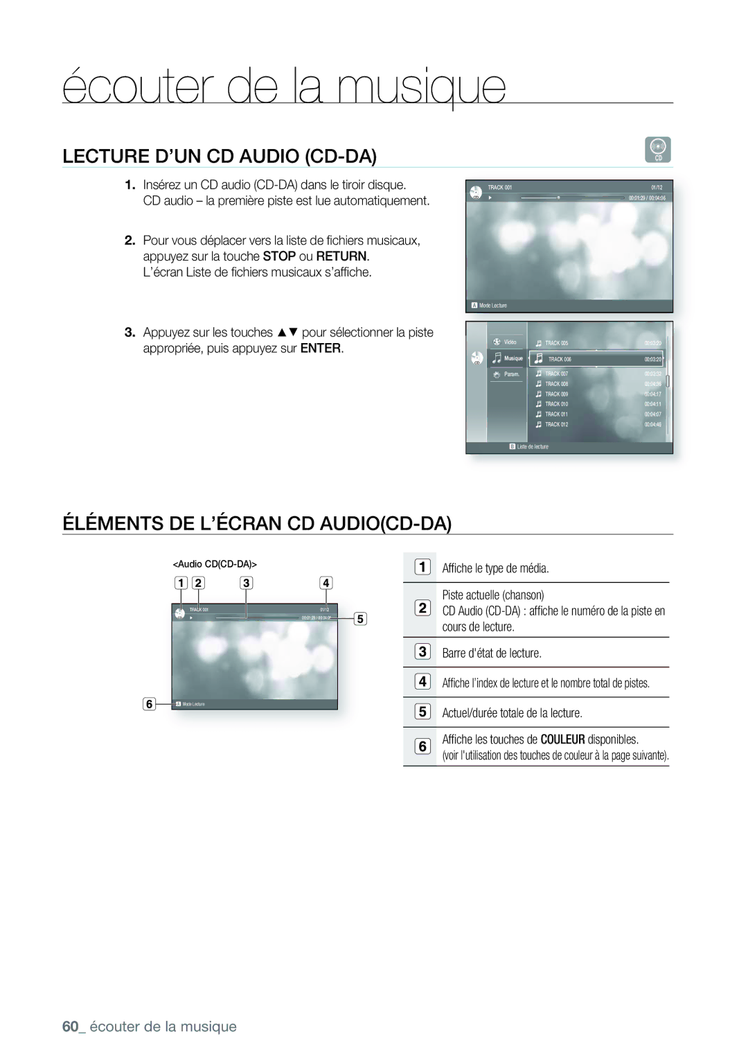 Samsung AK68-01477B user manual Lecture D’UN CD Audio CD-DA, Éléments DE L’ÉCRAN CD AUDIOCD-DA, Musique 