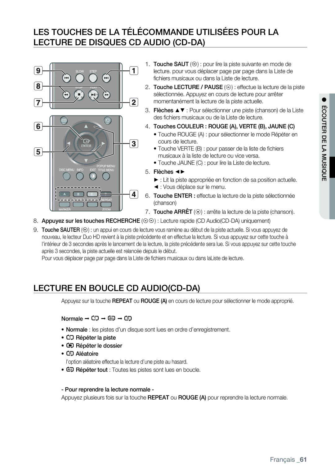 Samsung AK68-01477B user manual Lecture EN Boucle CD AUDIOCD-DA, Écouter DE LA Musique 