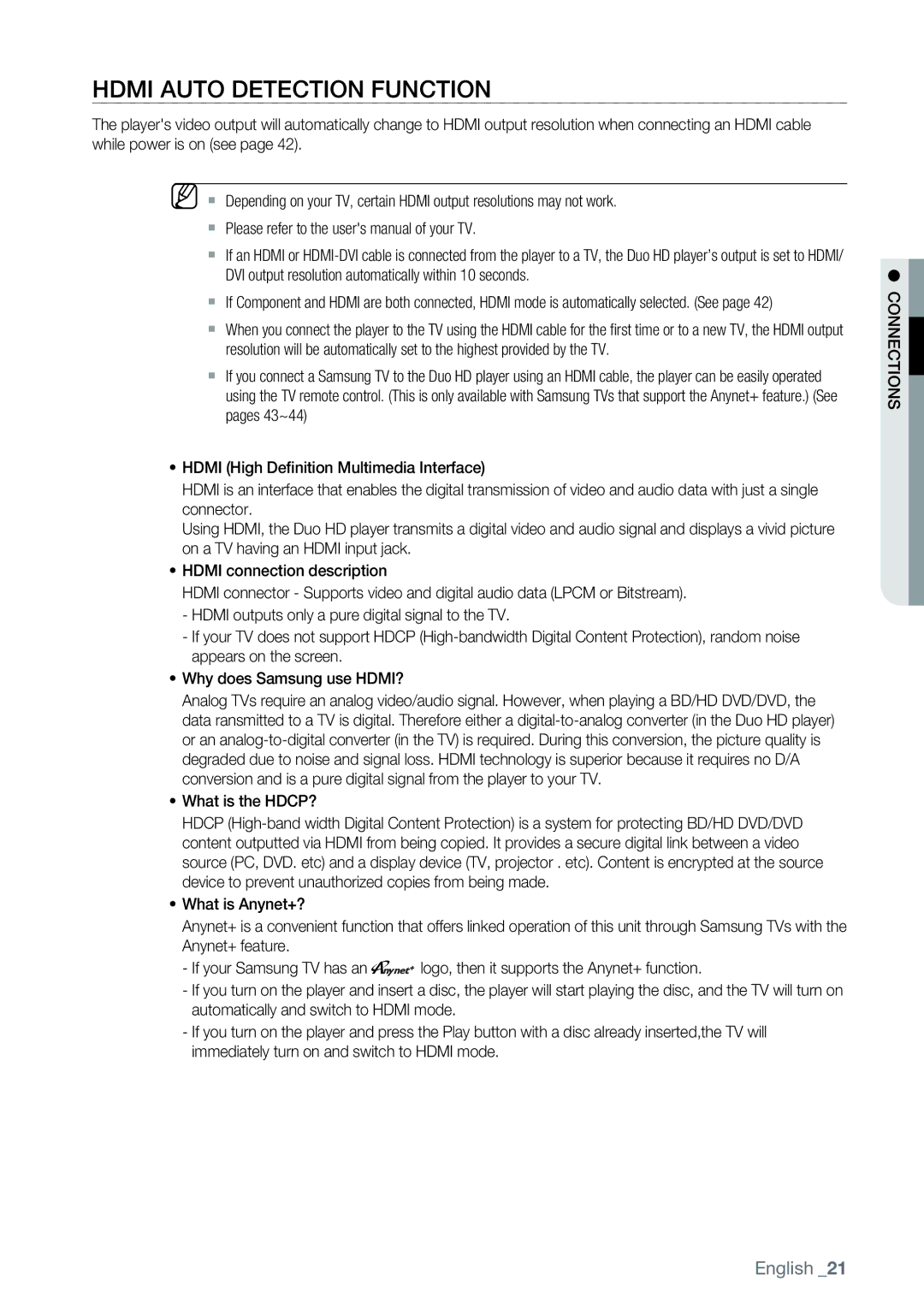 Samsung AK68-01477B user manual Hdmi Auto Detection Function, What is the HDCP?, Connections 