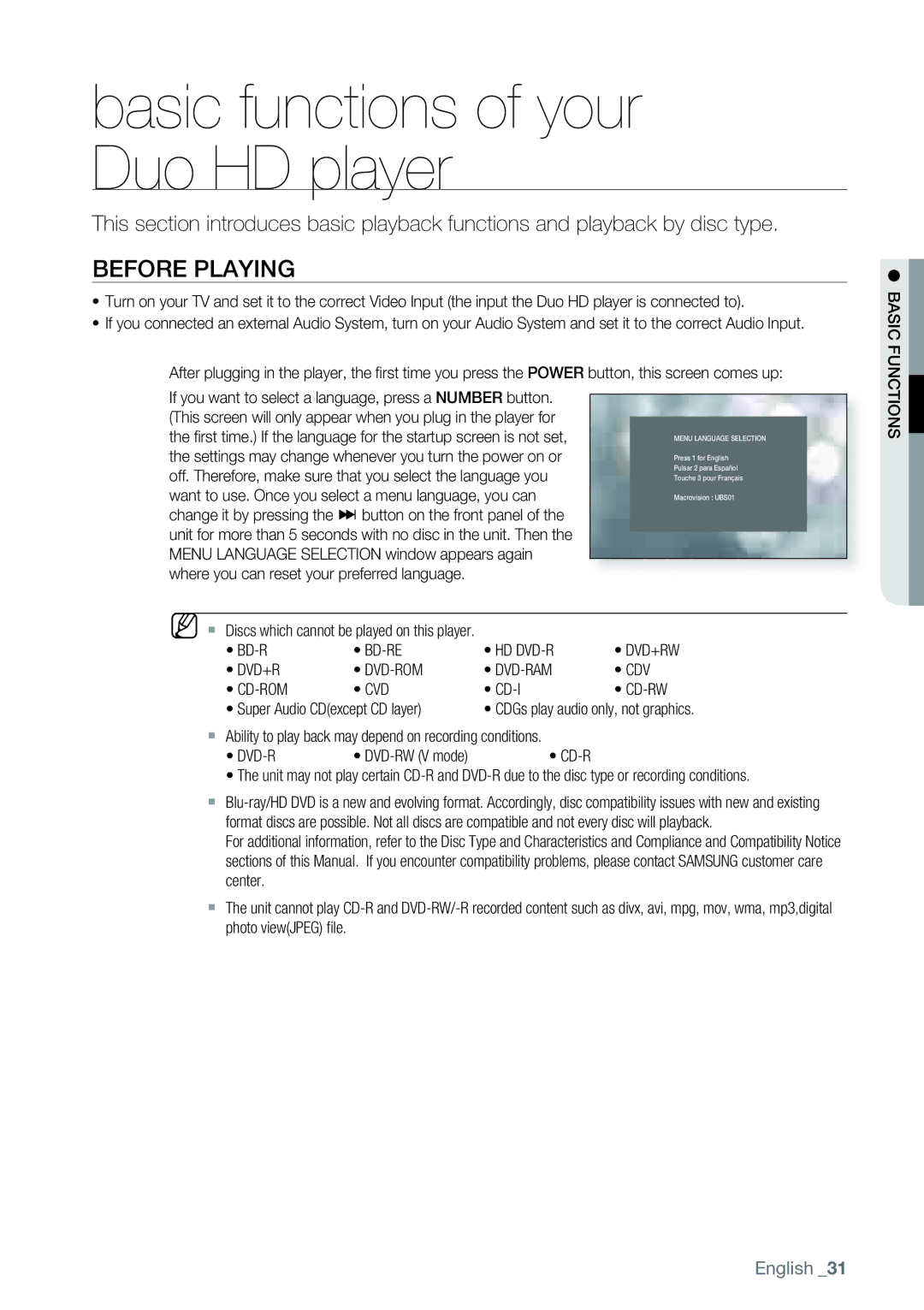 Samsung AK68-01477B user manual Basic functions of your Duo HD player, Before Playing, Functions 