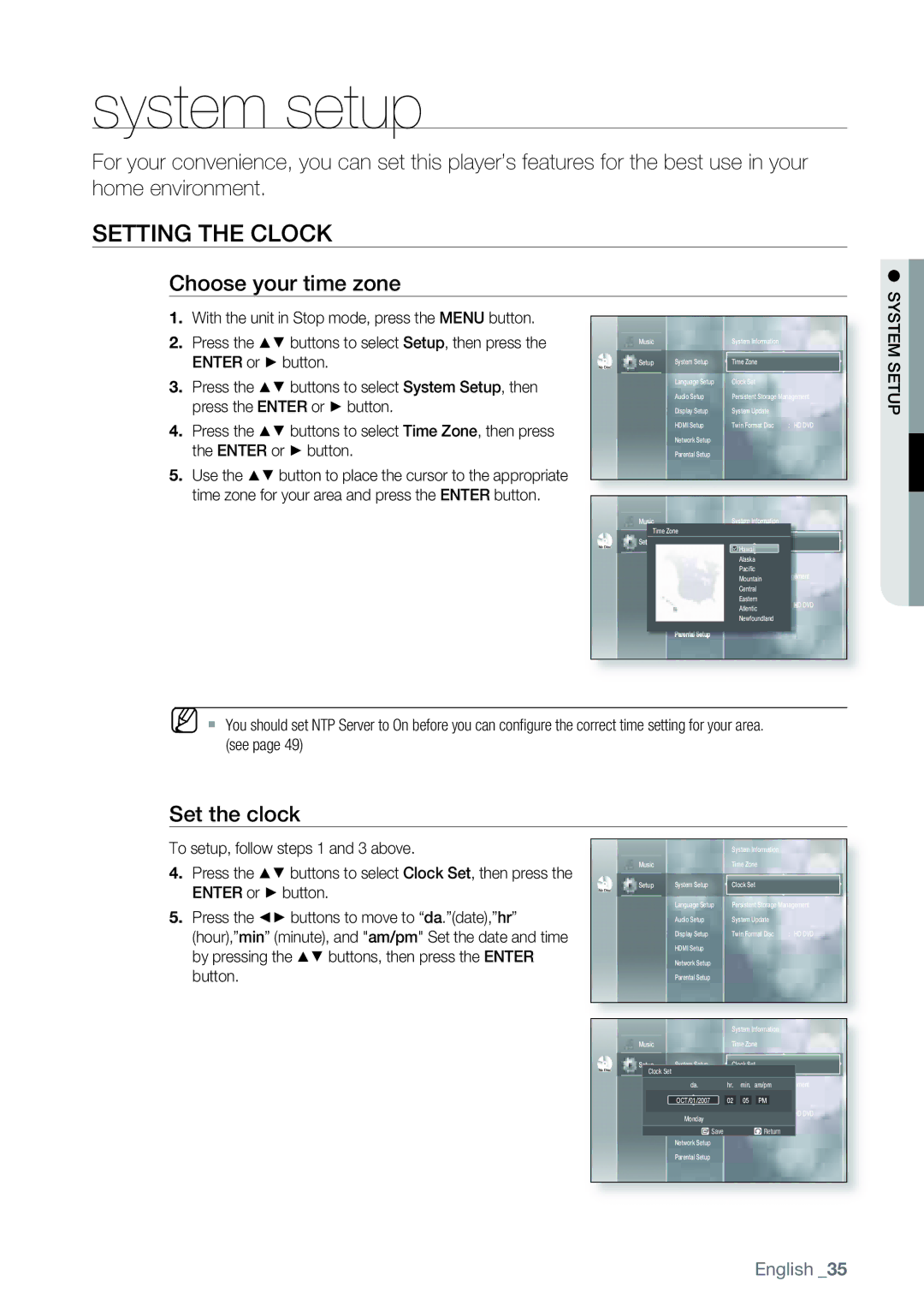 Samsung AK68-01477B user manual System setup, Setting the Clock, Choose your time zone, Set the clock, System Setup 