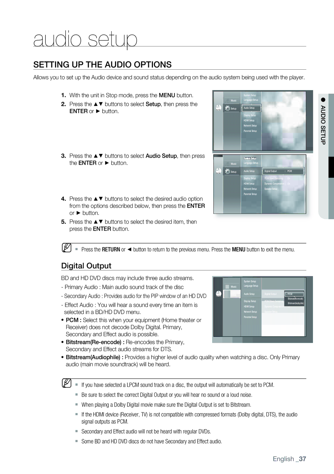 Samsung AK68-01477B user manual Audio setup, Setting UP the Audio Options, Digital Output, Audio Setup 