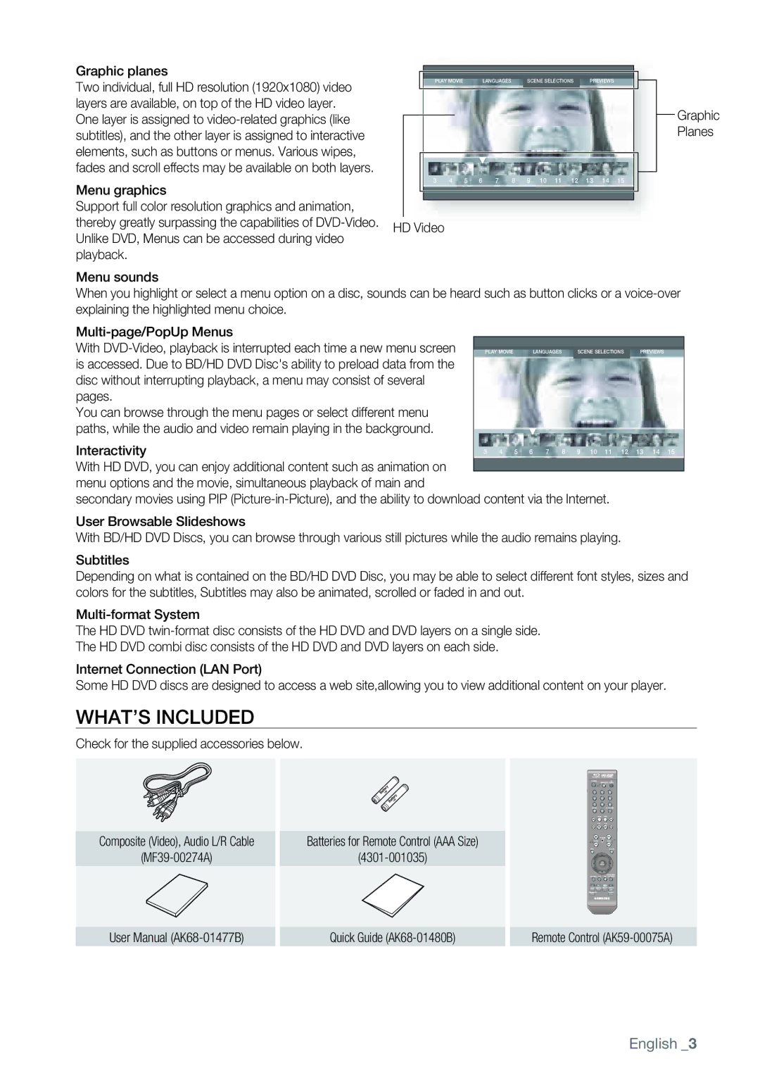 Samsung AK68-01477B user manual WHAT’S Included, Graphic planes, HD Video, User Browsable Slideshows 