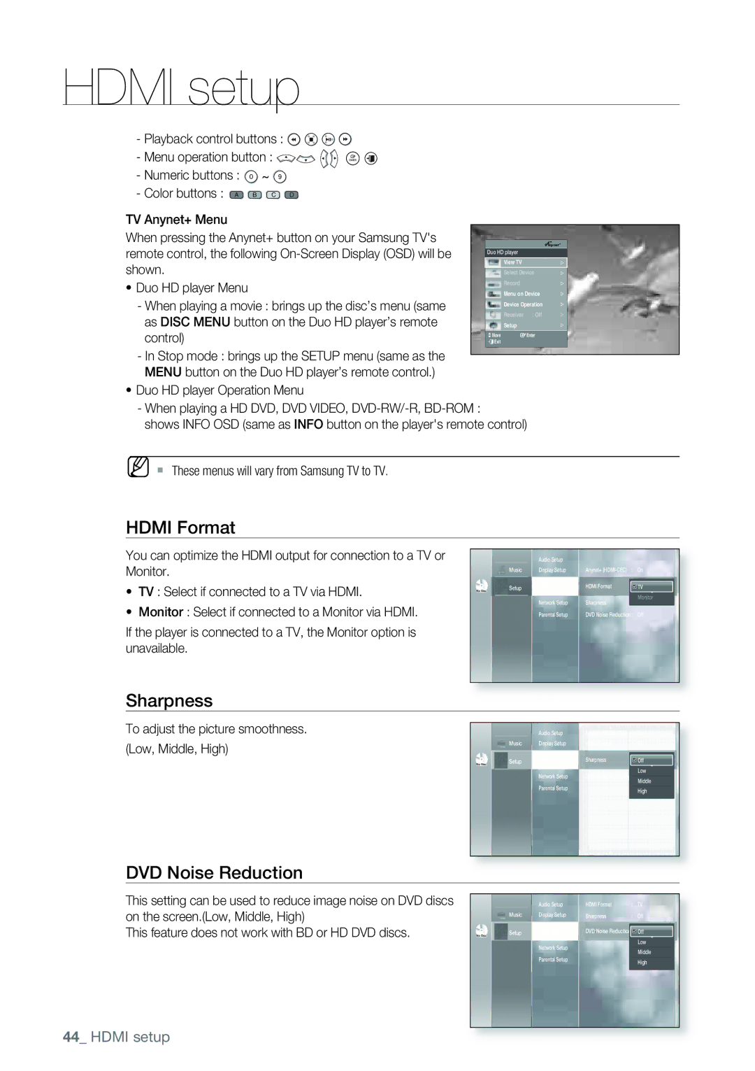 Samsung AK68-01477B user manual Hdmi Format, Sharpness, DVD Noise Reduction 