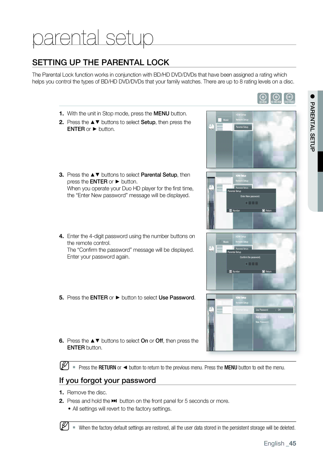 Samsung AK68-01477B user manual Parental setup, Setting UP the Parental Lock, If you forgot your password, Parental Setup 