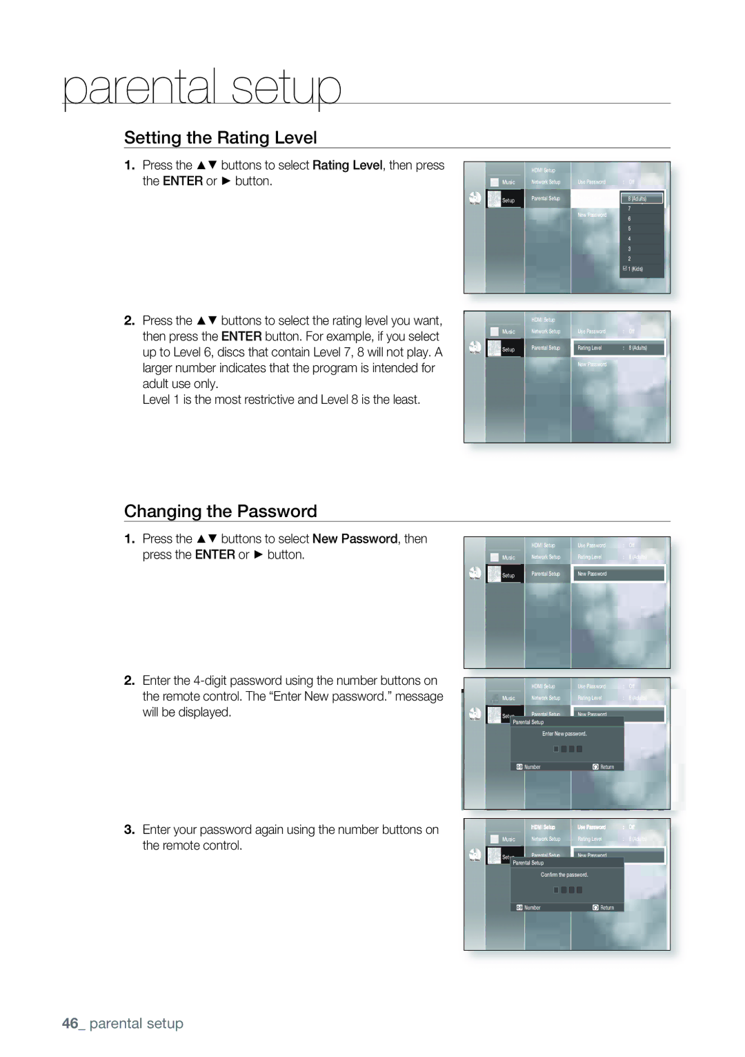 Samsung AK68-01477B user manual Setting the Rating Level, Changing the Password 