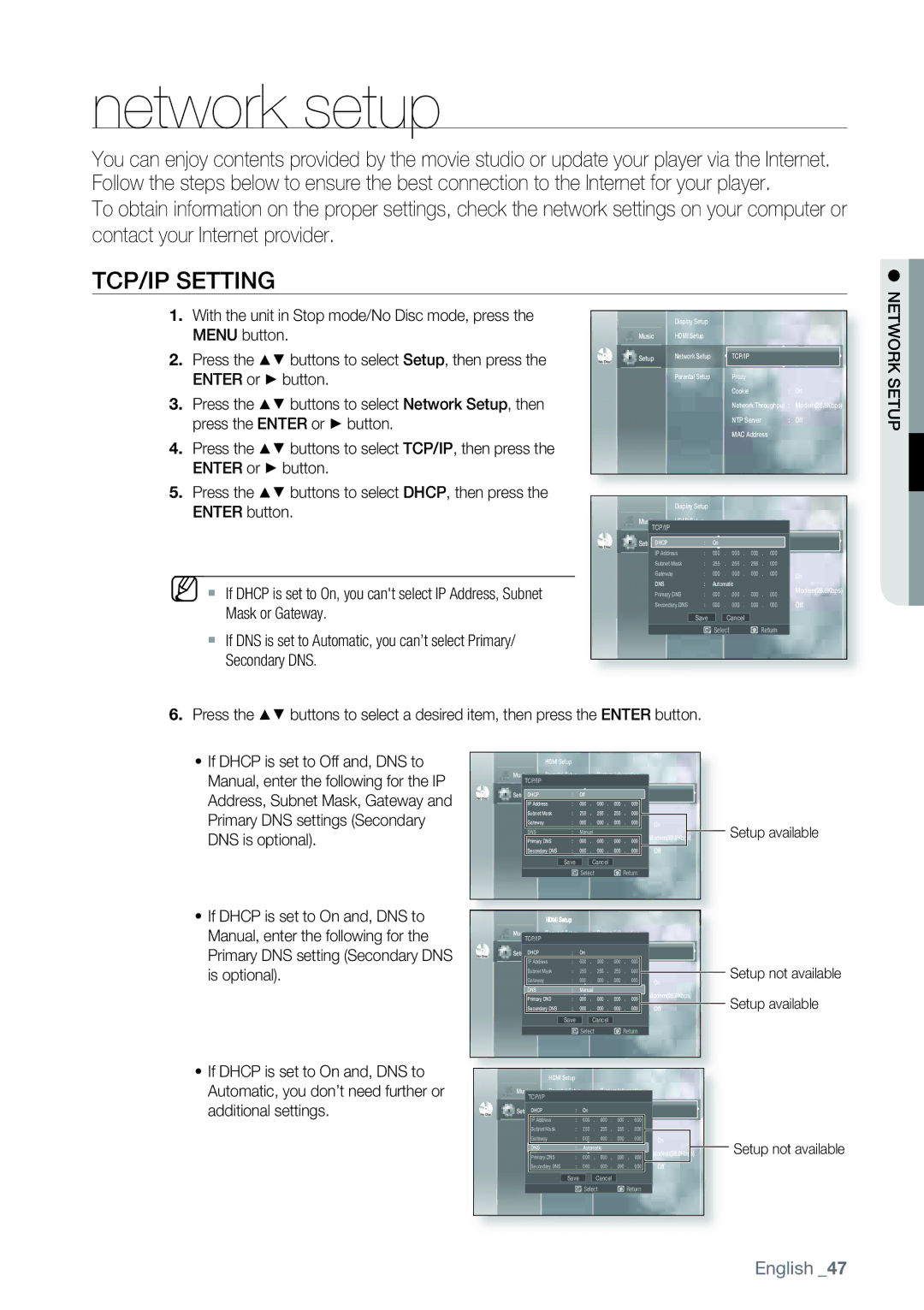 Samsung AK68-01477B user manual Network setup, TCP/IP Setting, Network Setup 