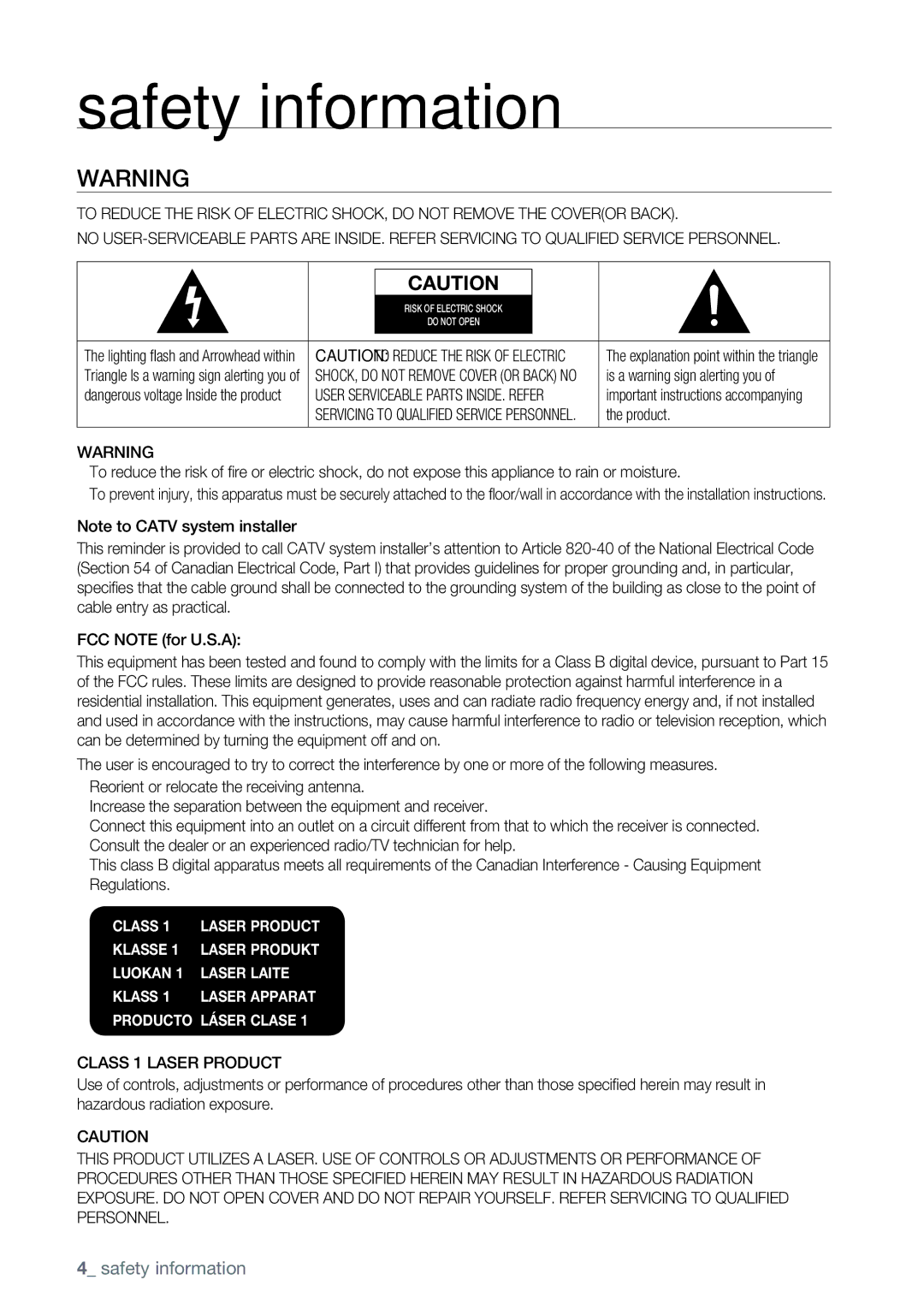 Samsung AK68-01477B user manual Safety information, Class 1 Laser Product 