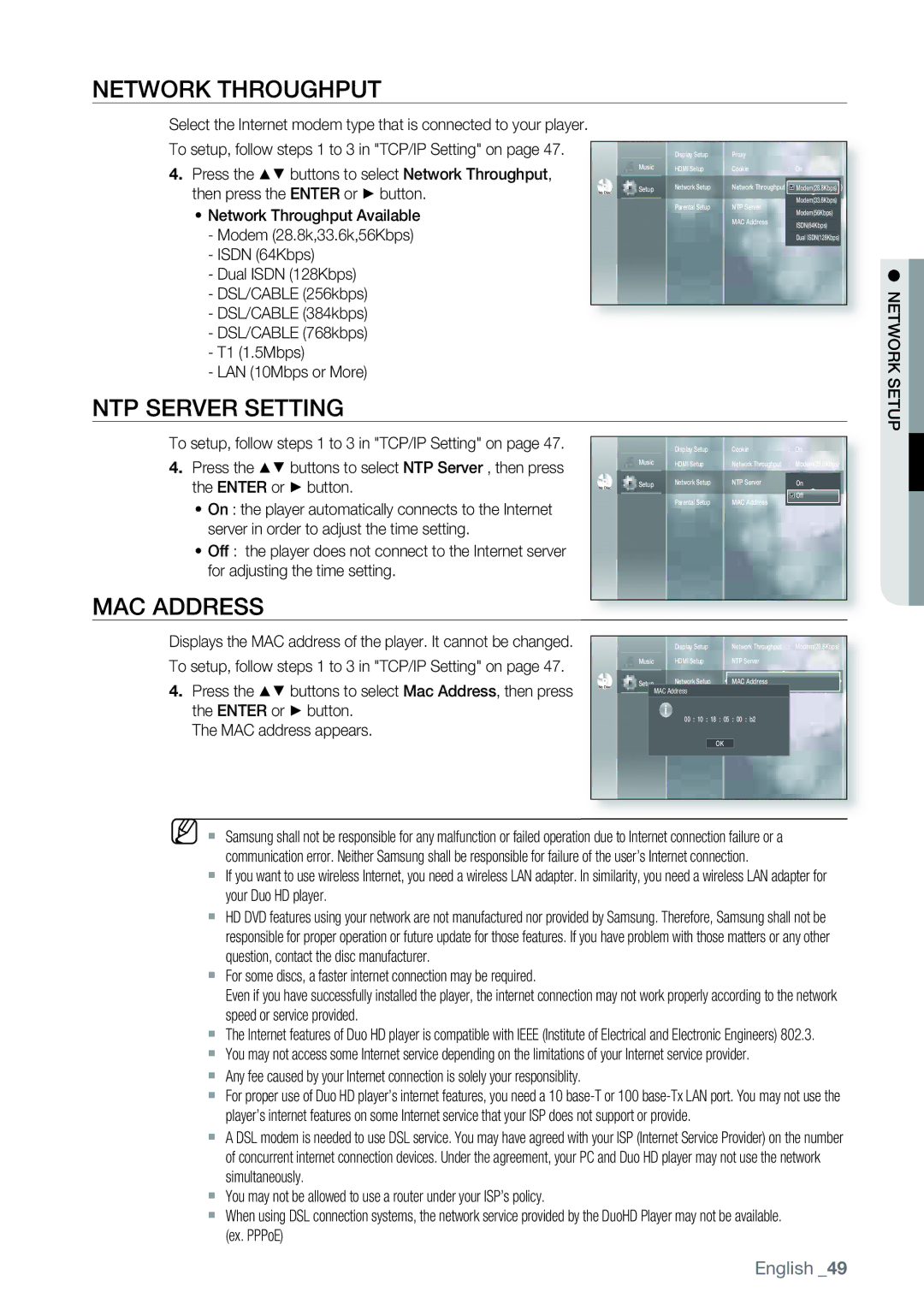 Samsung AK68-01477B user manual Network Throughput, NTP Server Setting, MAC Address 