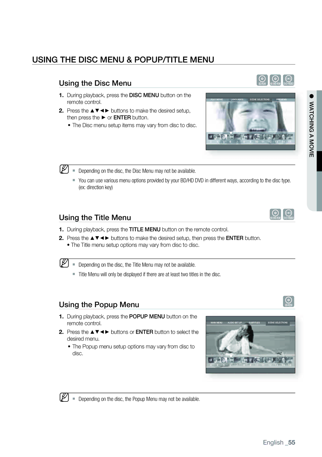 Samsung AK68-01477B Using the Disc Menu & POPUP/TITLE Menu, Using the Title Menu, Using the Popup Menu, Watching a Movie 