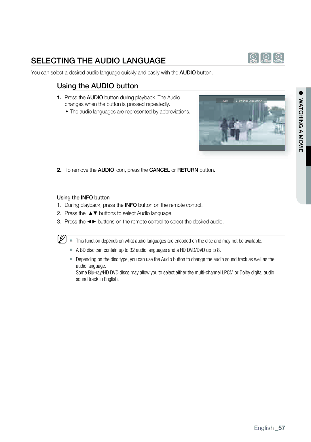 Samsung AK68-01477B user manual Selecting the Audio Language, Using the Audio button 