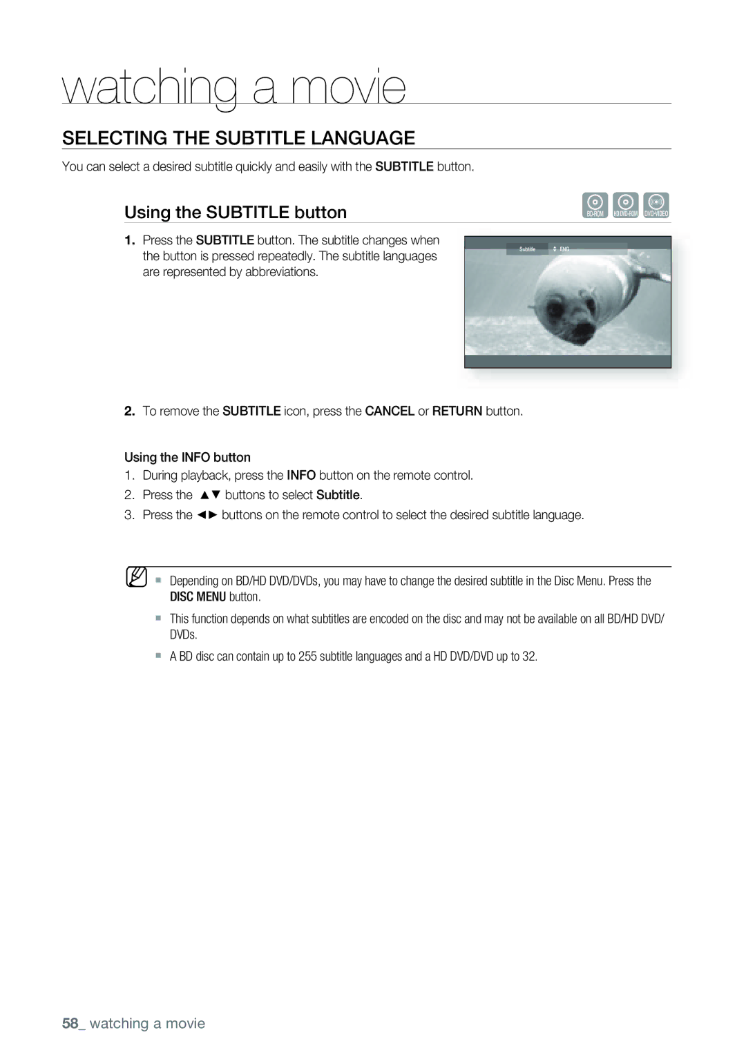 Samsung AK68-01477B user manual Selecting the Subtitle Language, Using the Subtitle button 