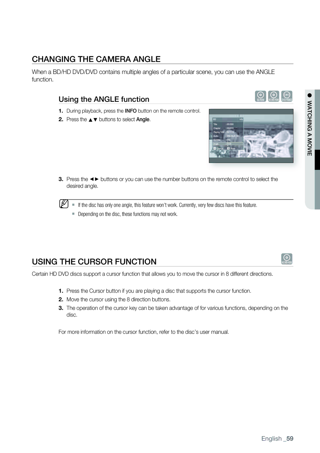 Samsung AK68-01477B user manual Changing the Camera Angle, Using the Cursor Function, Using the Angle function 