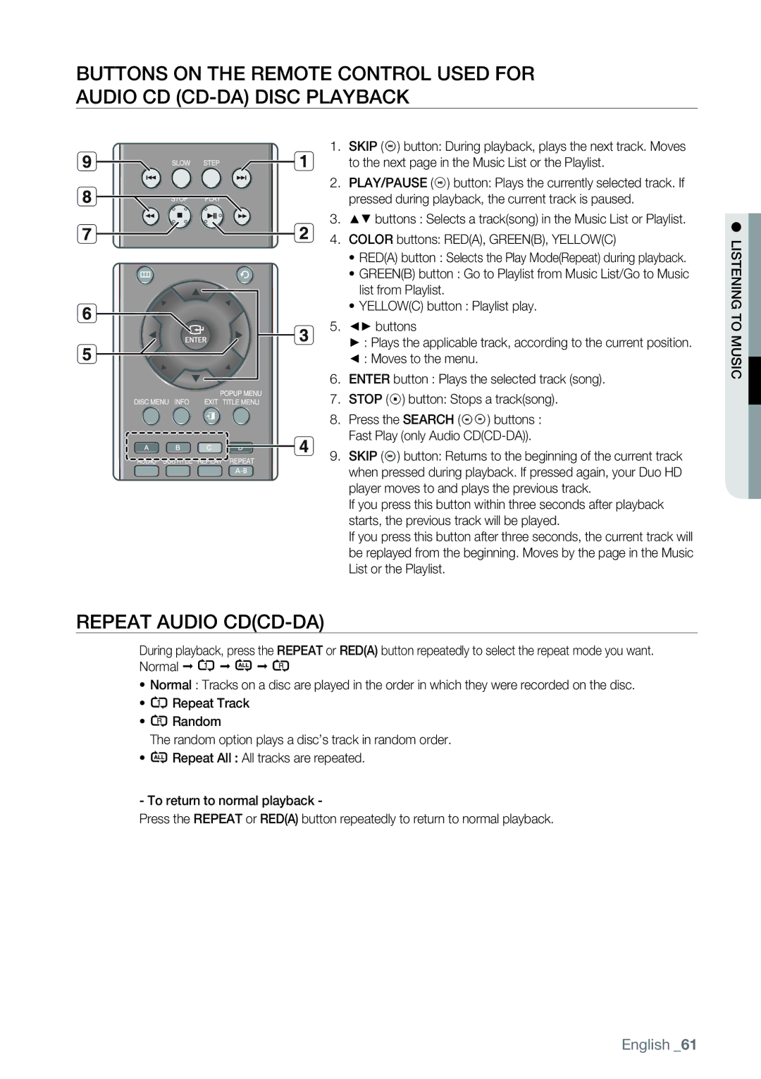 Samsung AK68-01477B user manual Repeat Audio CDCD-DA, Listening to Music 