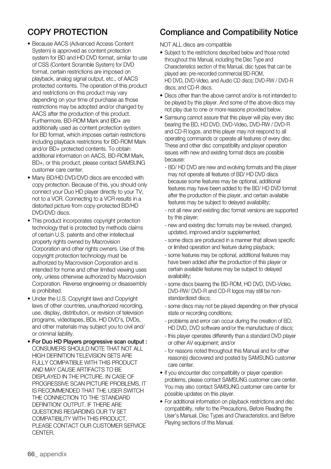 Samsung AK68-01477B user manual Copy Protection, For Duo HD Players progressive scan output, Not ALL discs are compatible 