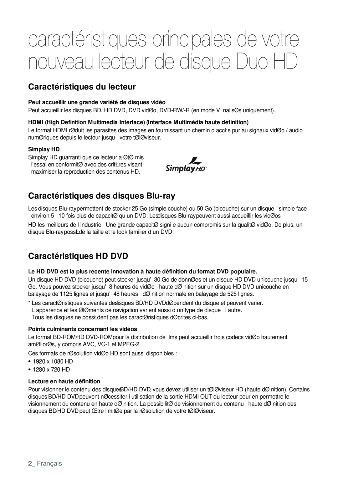 Samsung AK68-01477B user manual Caractéristiques du lecteur 