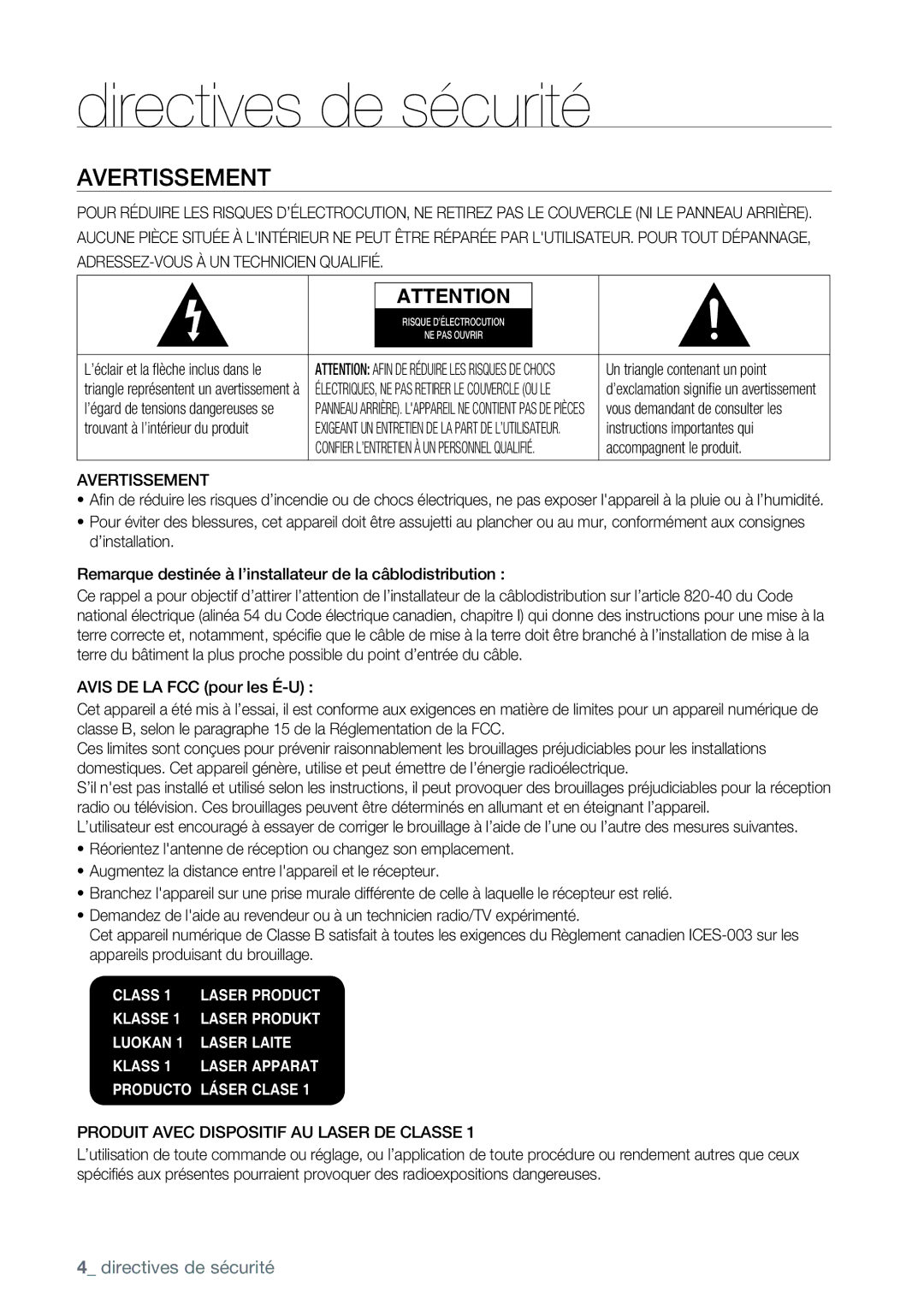 Samsung AK68-01477B user manual Directives de sécurité, Avertissement, ADRESSEZ-VOUS À UN Technicien Qualifié 