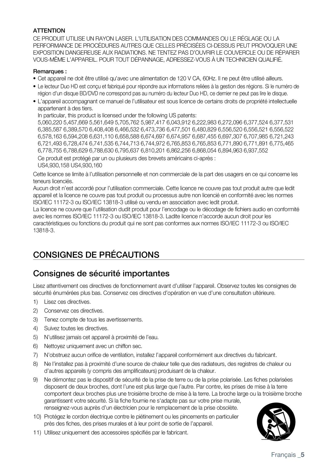 Samsung AK68-01477B user manual Consignes DE Précautions, Consignes de sécurité importantes 