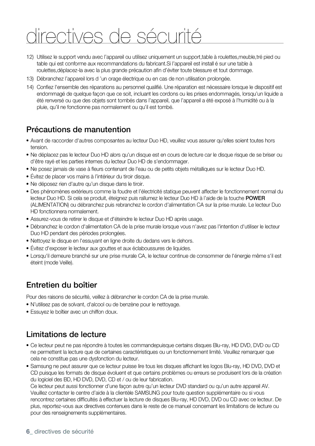 Samsung AK68-01477B user manual Précautions de manutention 