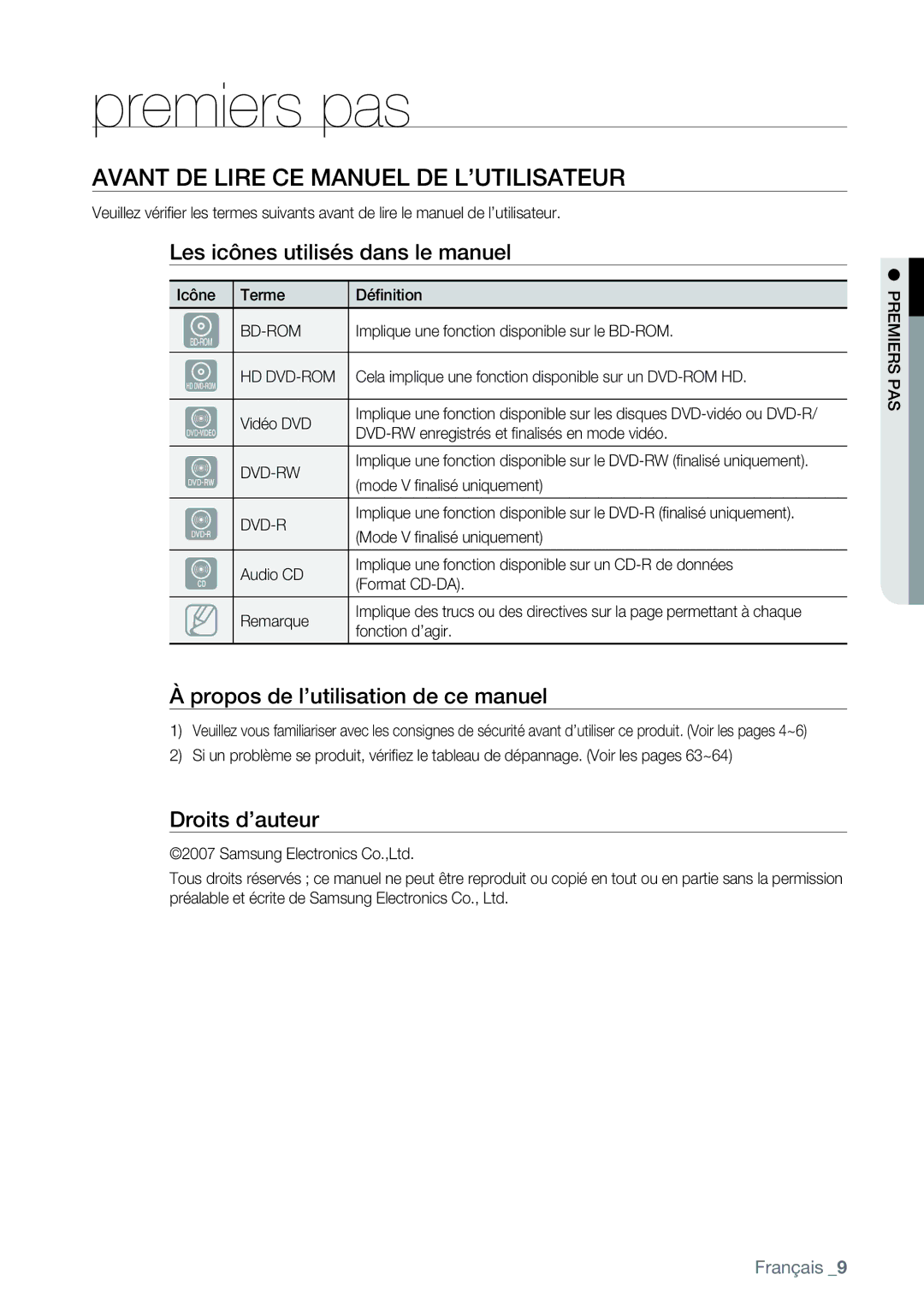 Samsung AK68-01477B user manual Premiers pas, Avant DE Lire CE Manuel DE L’UTILISATEUR, Les icônes utilisés dans le manuel 