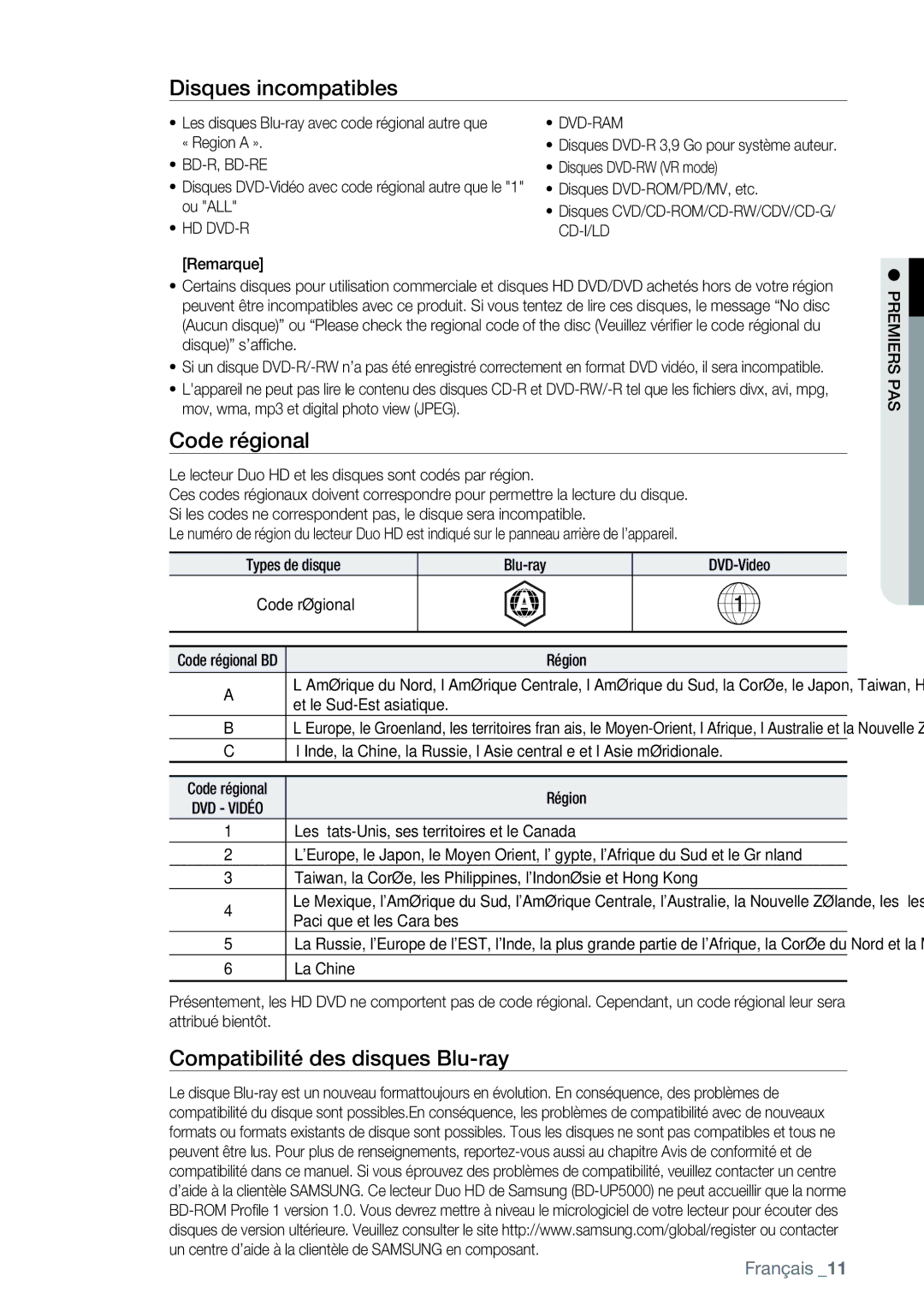 Samsung AK68-01477B user manual Disques incompatibles, Code régional, Compatibilité des disques Blu-ray 