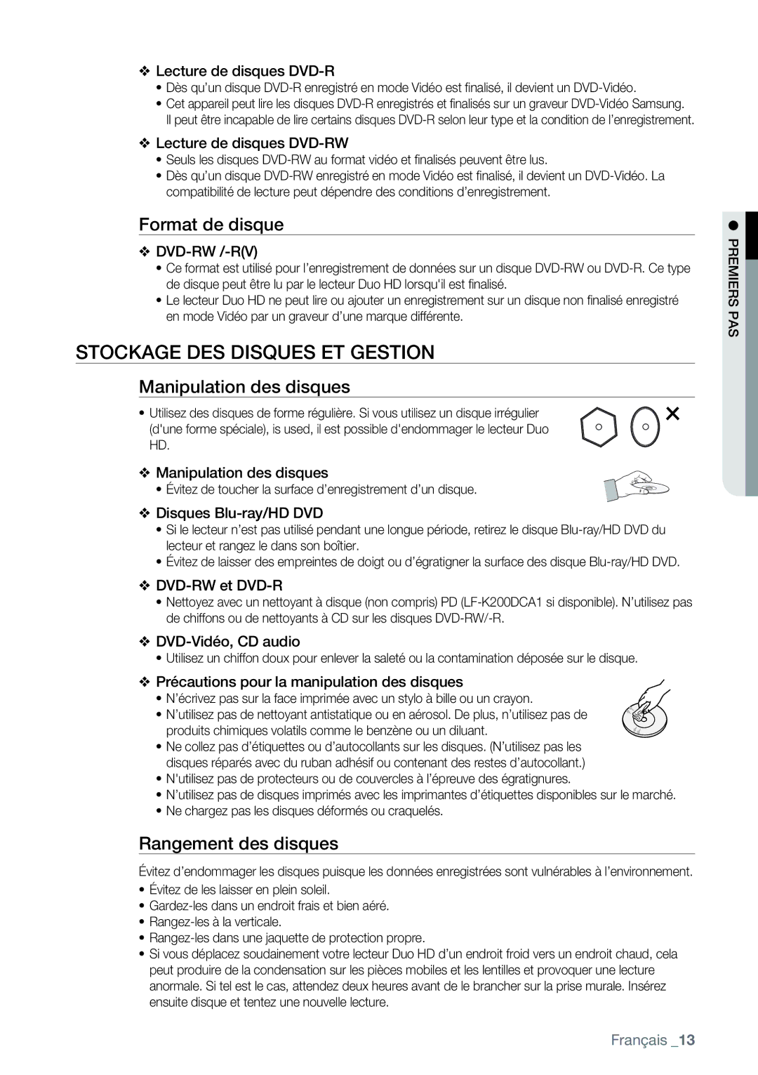 Samsung AK68-01477B Stockage DES Disques ET Gestion, Format de disque, Manipulation des disques, Rangement des disques 