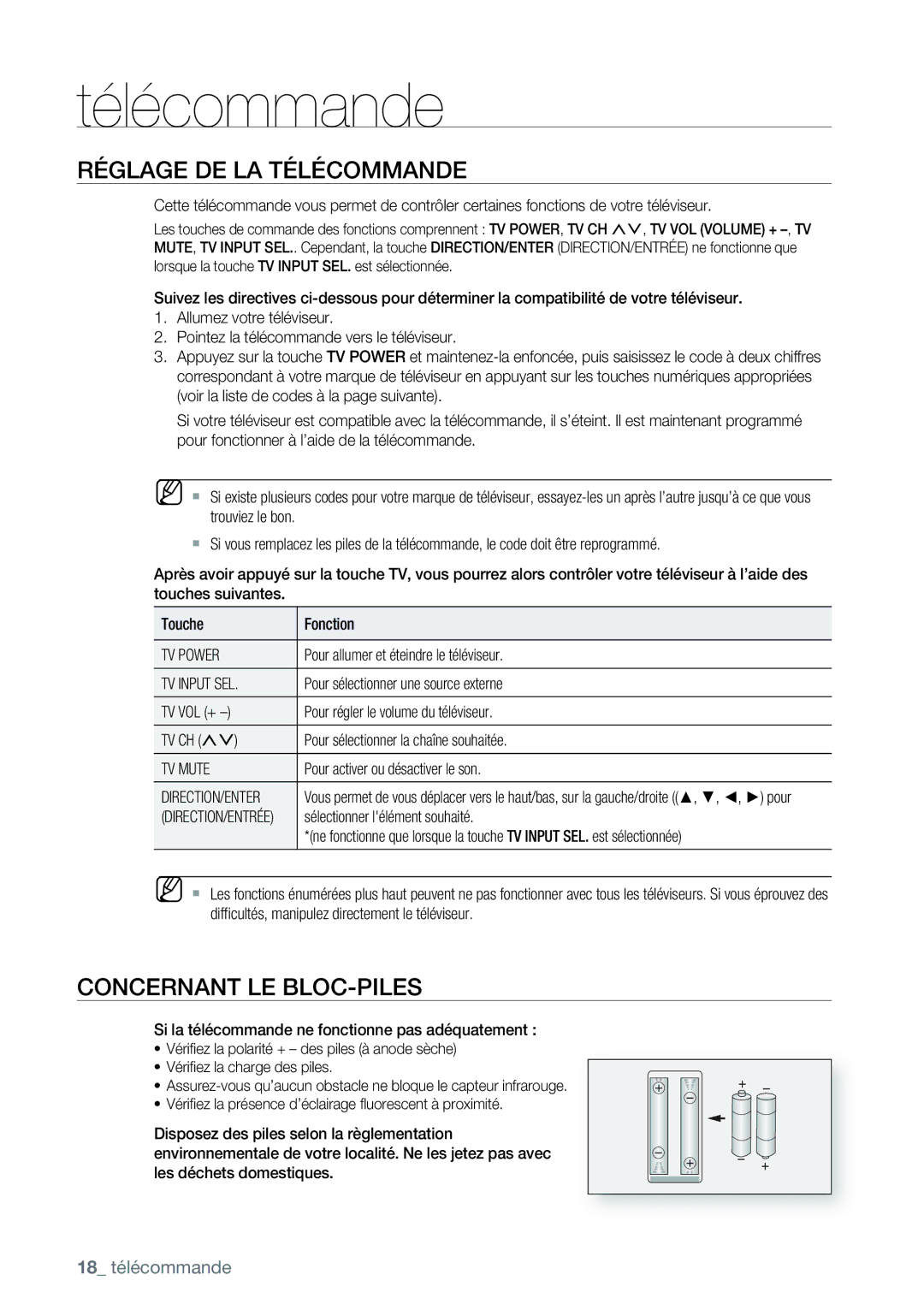 Samsung AK68-01477B user manual Réglage DE LA Télécommande, Concernant LE BLOC-PILES 