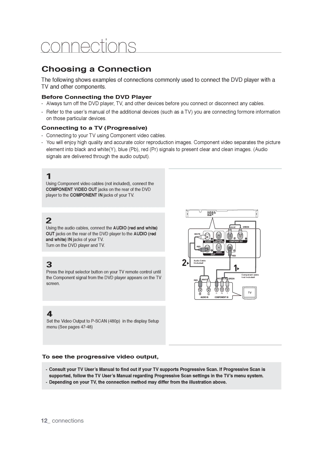 Samsung AK68-01765A user manual Choosing a Connection, Before Connecting the DVD Player, Connecting to a TV Progressive 