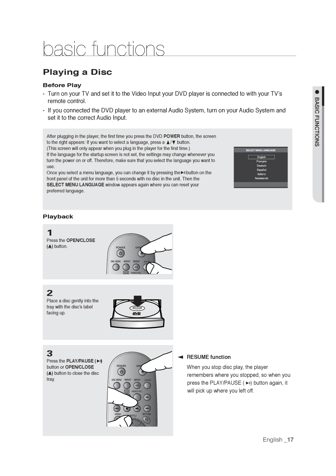 Samsung AK68-01765A user manual Playing a Disc, Before Play, Playback, Resume function 