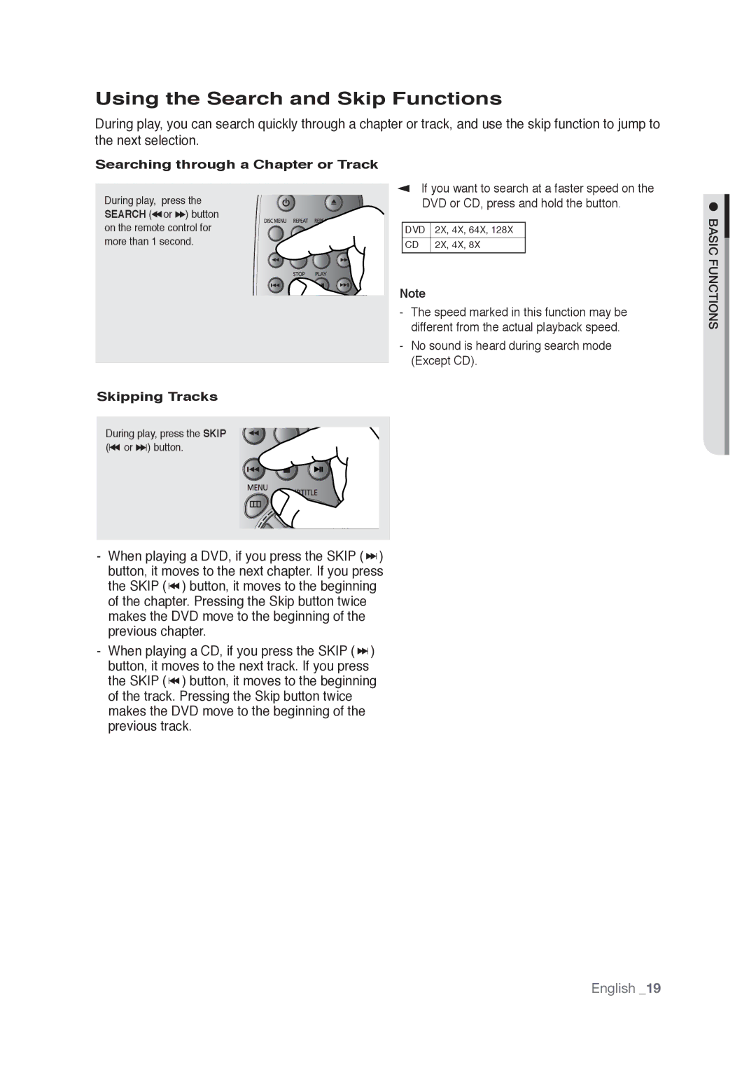 Samsung AK68-01765A user manual Using the Search and Skip Functions, Searching through a Chapter or Track, Skipping Tracks 