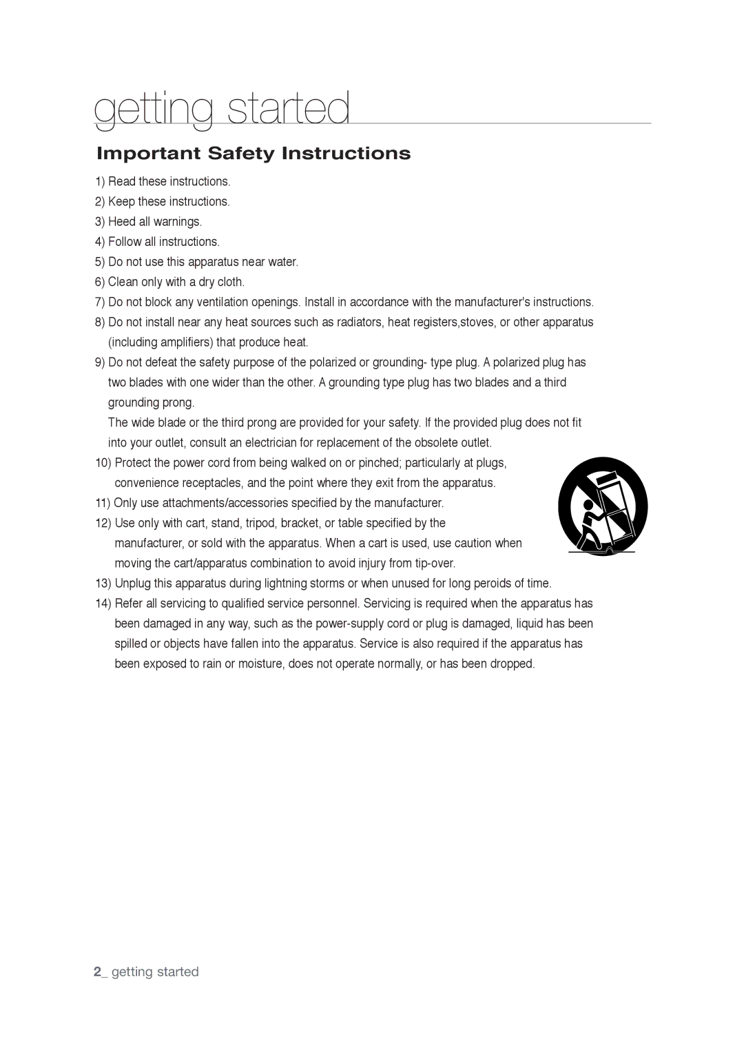 Samsung AK68-01765A user manual Getting started, Important Safety Instructions 