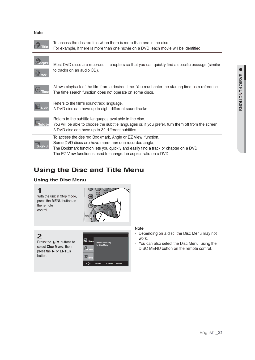 Samsung AK68-01765A user manual Using the Disc and Title Menu, Using the Disc Menu 