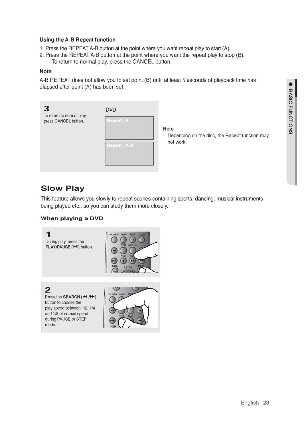 Samsung AK68-01765A Slow Play, Using the A-B Repeat function, PLAY/PAUSE button Press the Search / button to choose 