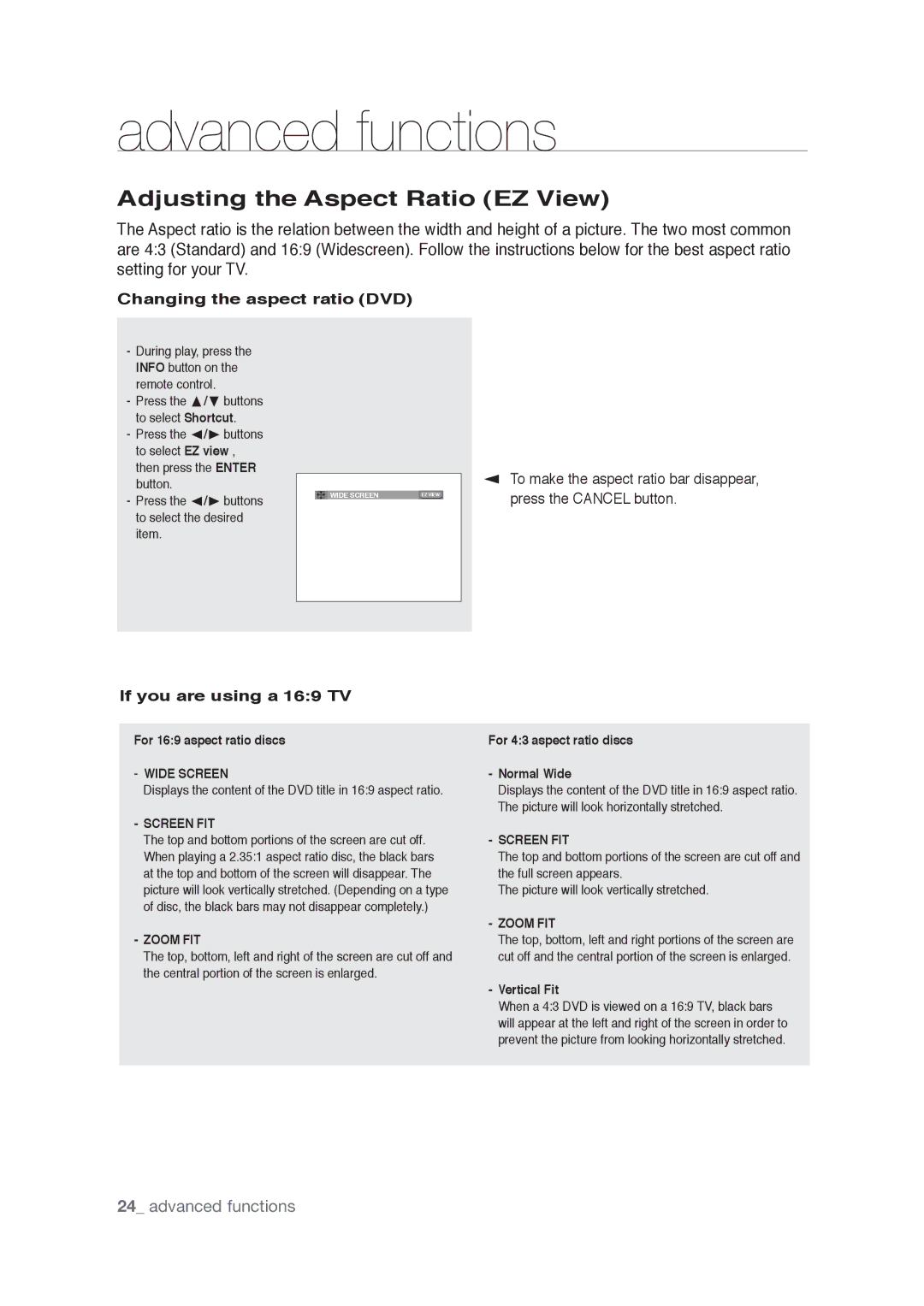 Samsung AK68-01765A Adjusting the Aspect Ratio EZ View, Changing the aspect ratio DVD, If you are using a 169 TV 