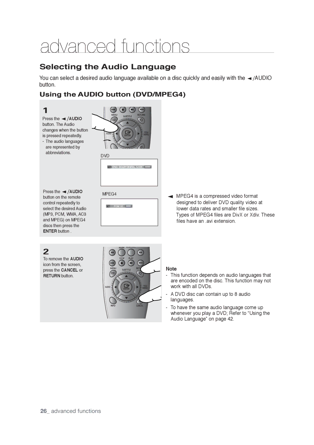 Samsung AK68-01765A user manual Selecting the Audio Language, Using the Audio button DVD/MPEG4 