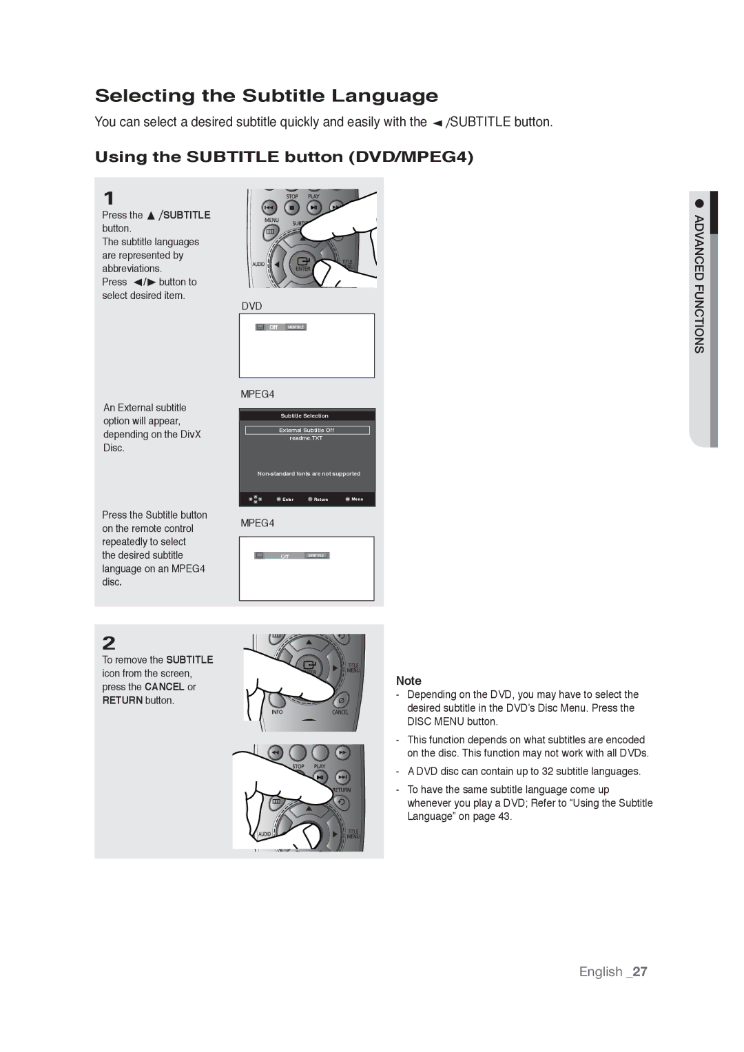 Samsung AK68-01765A user manual Selecting the Subtitle Language, Using the Subtitle button DVD/MPEG4 