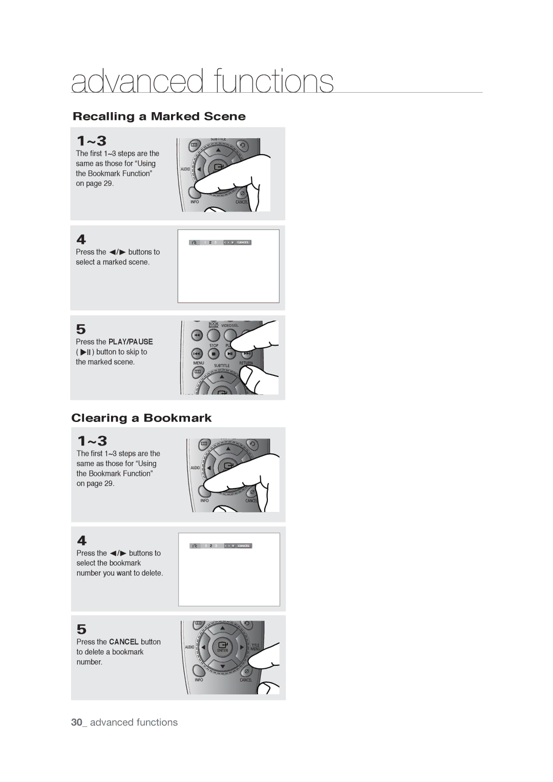 Samsung AK68-01765A user manual Recalling a Marked Scene, Clearing a Bookmark 