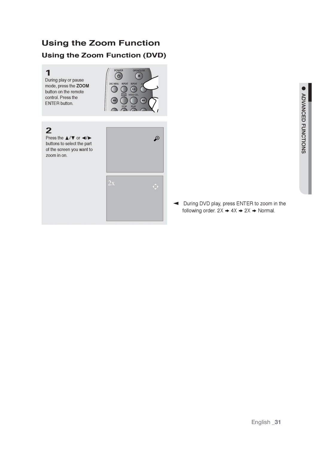 Samsung AK68-01765A user manual Using the Zoom Function DVD 