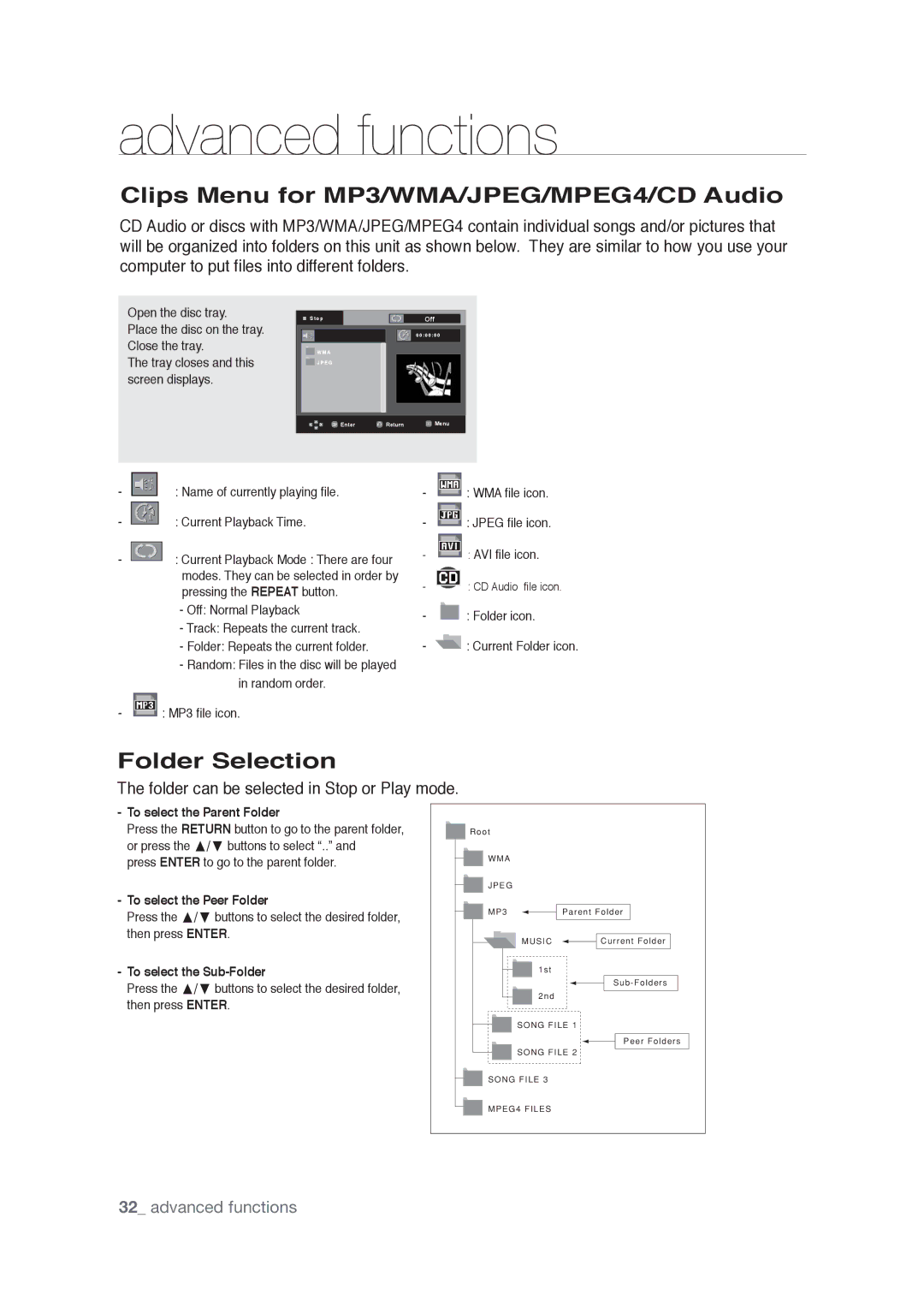 Samsung AK68-01765A user manual Clips Menu for MP3/WMA/JPEG/MPEG4/CD Audio, Folder Selection, To select the Parent Folder 