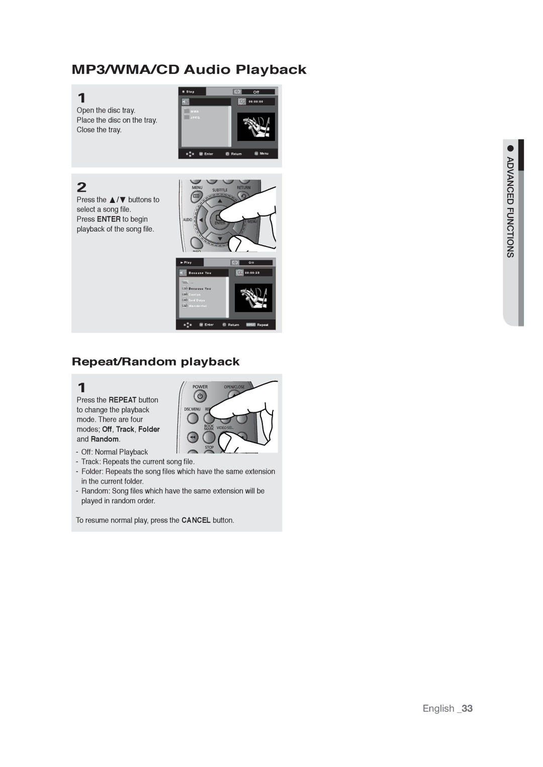 Samsung AK68-01765A user manual MP3/WMA/CD Audio Playback, Repeat/Random playback 